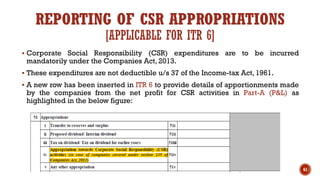 REPORTING OF CSR APPROPRIATIONS
[APPLICABLE FOR ITR 6]
▪ Corporate Social Responsibility (CSR) expenditures are to be incurred
mandatorily under the Companies Act, 2013.
▪ These expenditures are not deductible u/s 37 of the Income-tax Act, 1961.
▪ A new row has been inserted in ITR 6 to provide details of apportionments made
by the companies from the net profit for CSR activities in Part-A (P&L) as
highlighted in the below figure:
61
 