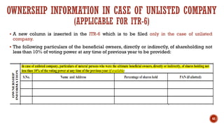 OWNERSHIP INFORMATION IN CASE OF UNLISTED COMPANY
(APPLICABLE FOR ITR-6)
62
▪ A new column is inserted in the ITR-6 which is to be filed only in the case of unlisted
company.
▪ The following particulars of the beneficial owners, directly or indirectly, of shareholding not
less than 10% of voting power at any time of previous year to be provided:
 