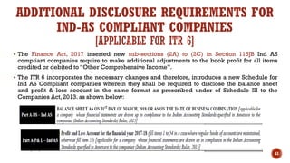 ADDITIONAL DISCLOSURE REQUIREMENTS FOR
IND-AS COMPLIANT COMPANIES
[APPLICABLE FOR ITR 6]
▪ The Finance Act, 2017 inserted new sub-sections (2A) to (2C) in Section 115JB Ind AS
compliant companies require to make additional adjustments to the book profit for all items
credited or debited to “Other Comprehensive Income”.
▪ The ITR 6 incorporates the necessary changes and therefore, introduces a new Schedule for
Ind AS Compliant companies wherein they shall be required to disclose the balance sheet
and profit & loss account in the same format as prescribed under of Schedule III to the
Companies Act, 2013. as shown below:
63
 