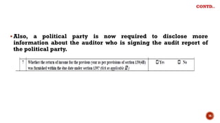 CONTD..
▪ Also, a political party is now required to disclose more
information about the auditor who is signing the audit report of
the political party.
70
 