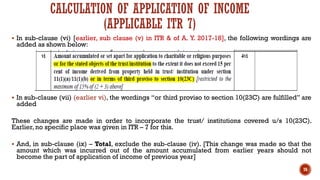 ▪ In sub-clause (vi) [earlier, sub clause (v) in ITR & of A. Y. 2017-18], the following wordings are
added as shown below:
▪ In sub-clause (vii) (earlier vi), the wordings “or third proviso to section 10(23C) are fulfilled” are
added
These changes are made in order to incorporate the trust/ institutions covered u/s 10(23C).
Earlier, no specific place was given in ITR – 7 for this.
▪ And, in sub-clause (ix) – Total, exclude the sub-clause (iv). [This change was made so that the
amount which was incurred out of the amount accumulated from earlier years should not
become the part of application of income of previous year]
76
CALCULATION OF APPLICATION OF INCOME
(APPLICABLE ITR 7)
 