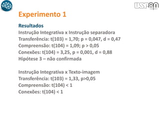 Experimento 1
Resultados
Instrução Integrativa x Instrução separadora
Transferência: t(103) = 1,70; p = 0,047, d = 0,47
Compreensão: t(104) = 1,09; p > 0,05
Conexões: t(104) = 3,25, p = 0,001, d = 0,88
Hipótese 3 – não confirmada
Instrução Integrativa x Texto-imagem
Transferência: t(103) = 1,33, p>0,05
Compreensão: t(104) < 1
Conexões: t(104) < 1
 