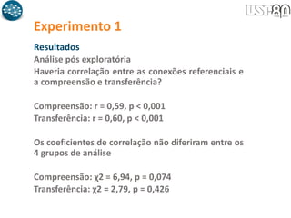 Experimento 1
Resultados
Análise pós exploratória
Haveria correlação entre as conexões referenciais e
a compreensão e transferência?
Compreensão: r = 0,59, p < 0,001
Transferência: r = 0,60, p < 0,001
Os coeficientes de correlação não diferiram entre os
4 grupos de análise
Compreensão: χ2 = 6,94, p = 0,074
Transferência: χ2 = 2,79, p = 0,426
 