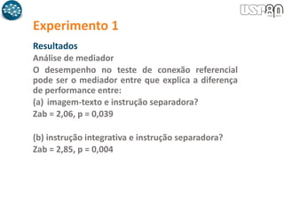 Experimento 1
Resultados
Análise de mediador
O desempenho no teste de conexão referencial
pode ser o mediador entre que explica a diferença
de performance entre:
(a) imagem-texto e instrução separadora?
Zab = 2,06, p = 0,039
(b) instrução integrativa e instrução separadora?
Zab = 2,85, p = 0,004
 