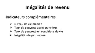 Inégalités de revenu
Indicateurs complémentaires
 Niveau de vie médian
 Taux de pauvreté après transferts
 Taux de pauvreté en conditions de vie
 Inégalités de patrimoine
 