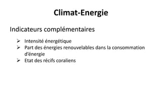 Climat-Energie
Indicateurs complémentaires
 Intensité énergétique
 Part des énergies renouvelables dans la consommation
d’énergie
 Etat des récifs coraliens
 