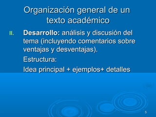 Organización general de unOrganización general de un
texto académicotexto académico
II.II. Desarrollo:Desarrollo: análisis y discusión delanálisis y discusión del
tema (incluyendo comentarios sobretema (incluyendo comentarios sobre
ventajas y desventajas).ventajas y desventajas).
Estructura:Estructura:
Idea principal + ejemplos+ detallesIdea principal + ejemplos+ detalles
55
 