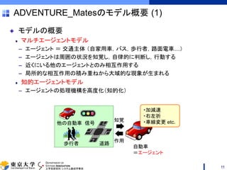 DEPARTMENT OF
SYSTEMS INNOVATION
工学系研究科 システム創成学専攻
ADVENTURE_Matesのモデル概要 (1)
モデルの概要
マルチエージェントモデル
– エージェント ＝ 交通主体 （自家用車，バス，歩行者，路面電車…）
– エージェントは周囲の状況を知覚し，自律的に判断し，行動する
– 近くにいる他のエージェントとのみ相互作用する
– 局所的な相互作用の積み重ねから大域的な現象が生まれる
知的エージェントモデル
– エージェントの処理機構を高度化（知的化）
11
他の自動車
歩行者
信号
道路
知覚
作用
・加減速
・右左折
・車線変更 etc.
自動車
＝エージェント
 