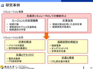 DEPARTMENT OF
SYSTEMS INNOVATION
工学系研究科 システム創成学専攻
研究事例
29
交通流シミュレータとしての機能向上
交通と環境
• CO2排出量の推定
交通とテクノロジ
• 電気自動車
• ITS技術評価
道路空間の再配分
• 路面電車
• オンデマンドバス
• 歩車混合交通
エージェントの処理機構
• 協調行動
• 視覚認知モデルと交通事故
• 経路選択の学習
計算技術
• 領域分割法を用いた並列計算
• 経路探索の高速化
渋滞の解消
• バイパスの建設
• 信号制御の最適化
シミュレーション基盤
シミュレーション応用
 