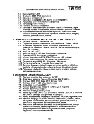 Informe Nacional de Educación Superior en Panamá 
mCONSEJO DE 
RECTORES 
DE PANANA 
7.4. Matrícula 2002: 1,243 
7.5. Graduados 2002:1750( acumulado) 
7.6. Número de profesores: 244 
7.7. Número de investigadores: N o cuenta con investigadores 
7.8. Personal de apoyo: Sin información disponible 
7.9. Centros regionales: Chiriquí 
7.10. Forma de enseñanza: Presencial 
7.11. Servicios de apoyo estudiantil: Biblioteca, cafetería, campos de juegos, 
centro de copiado, clínica médica, estacionamientos, gimnasio, 45 becas. 
7.12. Actividades estudiantiles: Actividades deportivas, artístico-culturales, 
círculo de lectores, seminarios de superación personal, dibujo, imagen y 
protocolo, primeros auxilios, folklore. 
8. UNIVERSIDAD LATINOAMERICANA DE CIENCIA YTECNOLOGÍA(ULACIT) 
8.1. Fecha de creación: 7 de mayo de 1991 
8.2. Órganos de gobierno Presidencia, Vice-Presidencia, Consejo Director 
8.3. Autoridades de gobierno: Rector, Vice Rector de Post-Grado e 
Investigación, Secretario General, Decanos, Director Administrativo y de 
Recursos Humanos. 
8.4. Matrícula 2002: 4,800 
8.5. Matrícula entre 17 y 25 años: Información no disponible 
8.6. Graduados 2002: Información no disponible 
8.7. Número de profesores 2002: 259 (156 hombres y 92 mujeres) 
8.8. Número de investigadores : N o cuentan con investigadores 
8.9. Personal de apoyo 2002: 29 ( 5 hombres y 24 mujeres) 
8.10. Forma de enseñanza: Presencial, Semi-presencial 
8.11. Servicios de apoyo estudiantil: Áreas recreativas, auditorio, biblioteca, 
cafetería, clínica odontológica, estacionamientos, laboratorios, becas. 
8.12. Actividades estudiantiles: Conjunto típico, teatro, círculo de lectores, 
actividades deportivas. 
9. UNIVERSIDAD LATINA DE PANAMÁ ( ULAT) 
9.1. Fecha de creación: 4 de septiembre de 1991 
9.2. Órganos de gobierno: Rectoría, Decanatos, Coordinadores 
9.3. Matrícula 2002: 6,665 Sede: 5112, Centros: 1553 
9.4. Matrícula entre 17 y 25 años: N o disponible 
9.5. Graduados: (acumulado) 8974 
9.6. Número de profesores: 936 ( 348 hombres y 276 mujeres) 
9.7. Número de investigadores : 17 
9.8. Personal de apoyo : N o disponible 
9.9. Sedes regionales: Chitré, en la provincia de Herrera, David, en la provincia 
de Chiriquí, Santiago, en la provincia de Veraguas. 
9.10. Forma de enseñanza: Presencial y plataforma virtual en programas piloto. 
9.11. Servicios de apoyo estudiantil: Biblioteca y hemeroteca, cafetería, centro, 
de copiado, clínica médica, estacionamientos, guardias de tránsito y 
personal de seguridad en los estacionamientos, becas. 
9.12. Actividades estudiantiles: Encuentro estudiantil por facultades, trabajo 
comunal universitario, desarrollo profesional, espíritu emprendedor, 
programa presentación exitosa, programas culturales, programas 
deportivos, asociaciones estudiantiles. 
-104- 
 