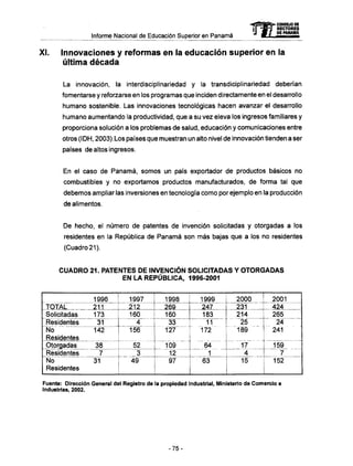 Informe Nacional de Educación Superior en Panamá 
mCONSEJO DE 
RECTORES 
DE PANAMÁ 
XI. Innovaciones y reformas en la educación superior en la 
última década 
La innovación, la interdisciplinariedad y la transdiciplinariedad deberían 
fomentarse y reforzarse en los programas que inciden directamente en el desarrollo 
humano sostenible. Las innovaciones tecnológicas hacen avanzar el desarrollo 
humano aumentando la productividad, que a su vez eleva los ingresos familiares y 
proporciona solución a los problemas de salud, educación y comunicaciones entre 
otros (IDH, 2003).Los países que muestran un alto nivel de innovación tienden a ser 
países de altos ingresos. 
En el caso de Panamá, somos un país exportador de productos básicos no 
combustibles y no exportamos productos manufacturados, de forma tal que 
debemos ampliar las inversiones en tecnología como por ejemplo en la producción 
de alimentos. 
De hecho, el número de patentes de invención solicitadas y otorgadas a los 
residentes en la República de Panamá son m á s bajas que a los no residentes 
(Cuadro 21). 
CUADRO 21. PATENTES DE INVENCIÓN SOLICITADAS Y OTORGADAS 
EN LA REPÚBLICA, 1996-2001 
TOTAL 
Solicitadas 
Residentes 
No 
Residentes 
Otorgadas 
Residentes 
No 
Residentes 
1996 
211 
173 
31 
142 
38 
7 
31 
1997 
212 
160 
4 
156 ' 
52 
3 
49 
1998 
269 
160 
i 33 
127 
109 
12 
97 
1999 
247 
183 
11 
1 7 2 - 
64 
1 
63 
2000 
231 
214 
25 
189 " 
—--y 
4 
15 
2001 
424 
265 
24 
241 
159 
7 
" 1 5 2 
Fuente: Dirección General del Registro de la propiedad industrial, Ministerio de Comercio e 
Industrias, 2002. 
- 7 5 - 
 