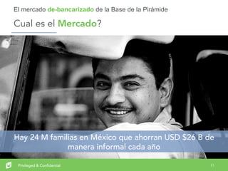 11Privileged & Confidential
Cual es el Mercado?
El mercado de-bancarizado de la Base de la Pirámide
Hay 24 M familias en México que ahorran USD $26 B de
manera informal cada año
 