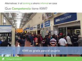 13Privileged & Confidential
Que Competencia tiene KIWI?
Alternativas: Ir al banking o ahorro informal en casa
KIWI es gratis para el usuario
 