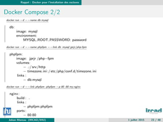 Rappel : Docker pour l’installation des esclaves
Docker Compose 2/2
docker run −d −−name db mysql
db:
image: mysql
environ...