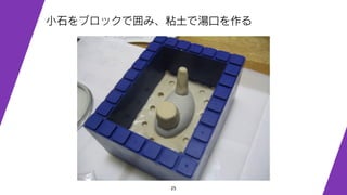 25
小石をブロックで囲み、粘土で湯口を作る
 