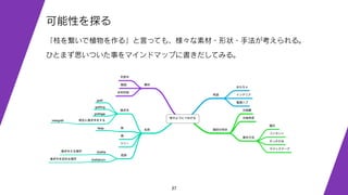 37
可能性を探る
「枝を繋いで植物を作る」と言っても、様々な素材・形状・手法が考えられる。
ひとまず思いついた事をマインドマップに書きだしてみる。
 