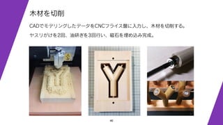 40
木材を切削
CADでモデリングしたデータをCNCフライス盤に入力し、木材を切削する。
ヤスリがけを2回、油研ぎを3回行い、磁石を埋め込み完成。
 