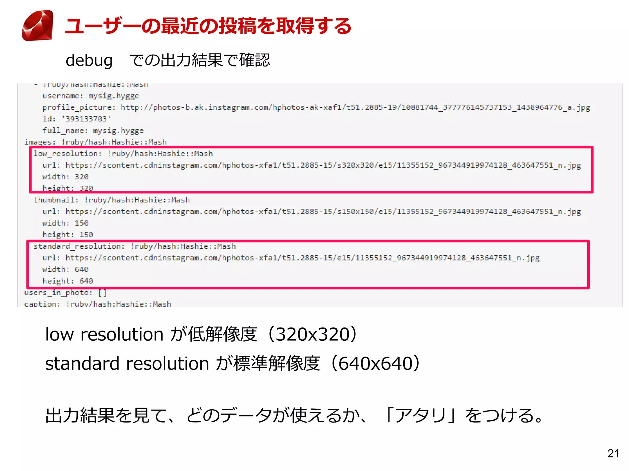 21
ユーザーの最近の投稿を取得する
debug での出力結果で確認
standard resolution が標準解像度（640x640）
low resolution が低解像度（320x320）
出力結果を見て、どのデータが使えるか、「アタリ」をつける。
 