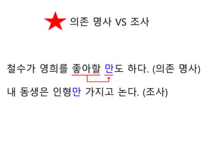 철수가 영희를 좋아할 만도 하다. (의존 명사)
내 동생은 인형만 가지고 논다. (조사)
의존 명사 VS 조사
 