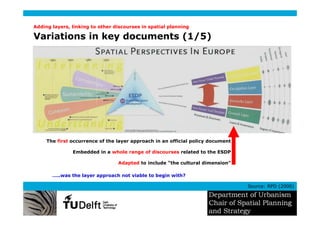 Adding layers, linking to other discourses in spatial planning

Variations in key documents (1/5)




     The first occurrence of the layer approach in an official policy document

               Embedded in a whole range of discourses related to the ESDP

                                 Adapted to include “the cultural dimension”

       …..was the layer approach not viable to begin with?

                                                                                 Source: RPD (2000)
 