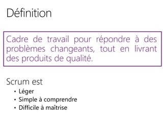 Cadre de travail pour répondre à des
problèmes changeants, tout en livrant
des produits de qualité.
Scrum est
 