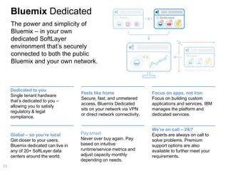 Dedicated to you
Single tenant hardware
that’s dedicated to you –
allowing you to satisfy
regulatory & legal
compliance.
Global – so you’re local
Get closer to your users.
Bluemix dedicated can live in
any of 20+ SoftLayer data
centers around the world.
Feels like home
Secure, fast, and unmetered
access. Bluemix Dedicated
sits on your network via VPN
or direct network connectivity.
Focus on apps, not iron
Focus on building custom
applications and services. IBM
manages the platform and
dedicated services.
We’re on call – 24/7
Experts are always on call to
solve problems. Premium
support options are also
available to further meet your
requirements.
Pay smart
Never over buy again. Pay
based on intuitive
runtime/service metrics and
adjust capacity monthly
depending on needs.
The power and simplicity of
Bluemix – in your own
dedicated SoftLayer
environment that’s securely
connected to both the public
Bluemix and your own network.
Bluemix Dedicated
20
Coming Summer 2015
 