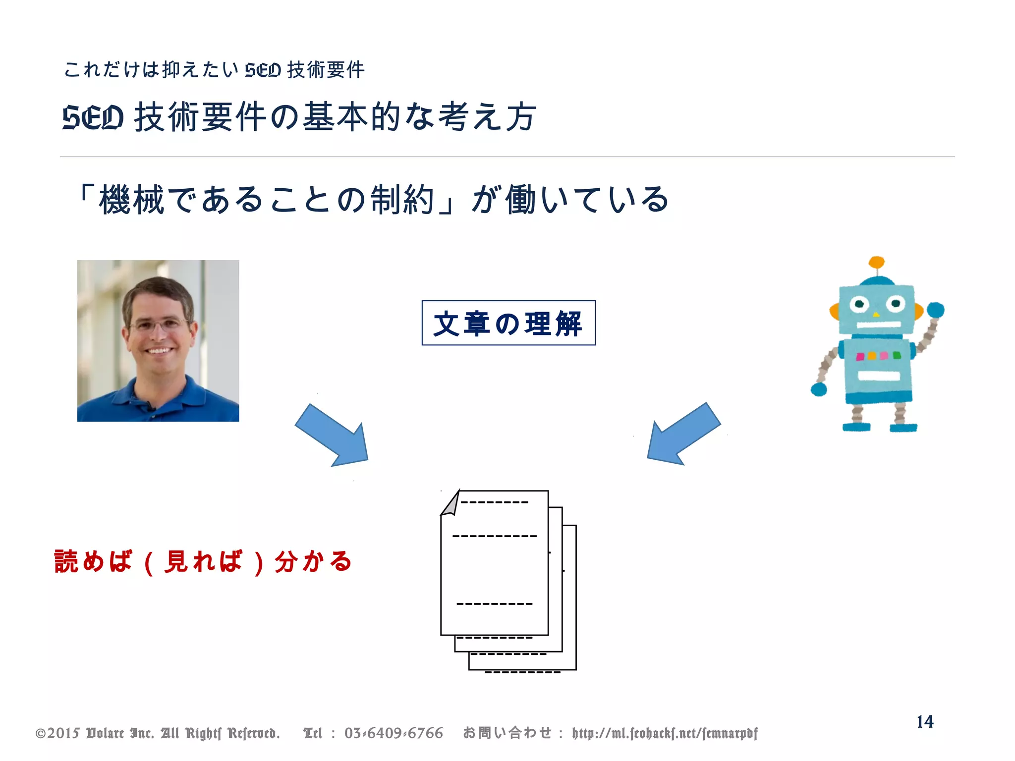 ©2015 Volare Inc. All Rights Reserved. 　 Tel ： 03-6409-6766 　お問い合わせ： http://ml.seohacks.net/semnarpdf
SEO 技術要件の基本的な考え方
これだけは抑えたい SEO 技術要件
14
「機械であることの制約」が働いている
---------
---------
----------
--------
---------
---------
----------
--------
---------
---------
----------
--------
読めば（見れば）分かる
文章の理解
 