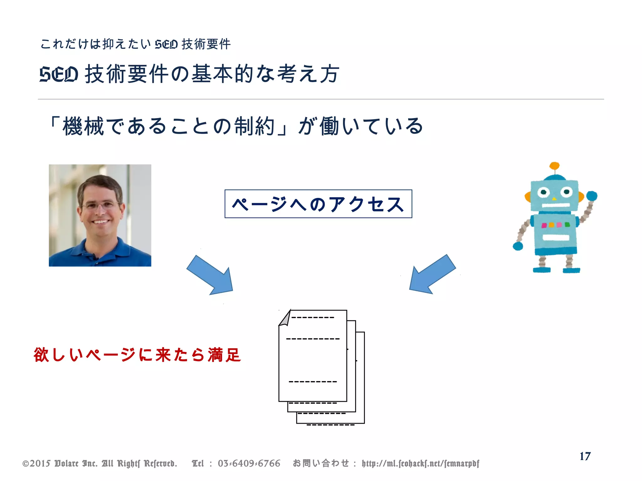 ©2015 Volare Inc. All Rights Reserved. 　 Tel ： 03-6409-6766 　お問い合わせ： http://ml.seohacks.net/semnarpdf
SEO 技術要件の基本的な考え方
これだけは抑えたい SEO 技術要件
17
「機械であることの制約」が働いている
---------
---------
----------
--------
---------
---------
----------
--------
---------
---------
----------
--------
欲しいページに来たら満足
ページヘのアクセス
 