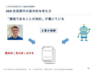 ©2015 Volare Inc. All Rights Reserved. 　 Tel ： 03-6409-6766 　お問い合わせ： http://ml.seohacks.net/semnarpdf
SEO 技術要件の基本的な考え方
これだけは抑えたい SEO 技術要件
14
「機械であることの制約」が働いている
---------
---------
----------
--------
---------
---------
----------
--------
---------
---------
----------
--------
読めば（見れば）分かる
文章の理解
 
