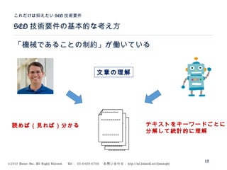©2015 Volare Inc. All Rights Reserved. 　 Tel ： 03-6409-6766 　お問い合わせ： http://ml.seohacks.net/semnarpdf
SEO 技術要件の基本的な考え方
これだけは抑えたい SEO 技術要件
15
「機械であることの制約」が働いている
---------
---------
----------
--------
---------
---------
----------
--------
---------
---------
----------
--------
読めば（見れば）分かる テキストをキーワードごとに
分解して統計的に理解
文章の理解
 