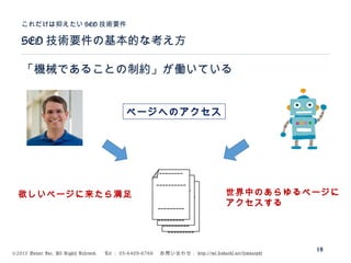 ©2015 Volare Inc. All Rights Reserved. 　 Tel ： 03-6409-6766 　お問い合わせ： http://ml.seohacks.net/semnarpdf
SEO 技術要件の基本的な考え方
これだけは抑えたい SEO 技術要件
18
「機械であることの制約」が働いている
---------
---------
----------
--------
---------
---------
----------
--------
---------
---------
----------
--------
欲しいページに来たら満足 世界中のあらゆるページに
アクセスする
ページヘのアクセス
 
