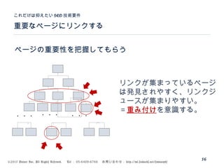 ©2015 Volare Inc. All Rights Reserved. 　 Tel ： 03-6409-6766 　お問い合わせ： http://ml.seohacks.net/semnarpdf
ページの重要性を把握してもらう
重要なページにリンクする
これだけは抑えたい SEO 技術要件
56
・・・・・・・・・
リンクが集まっているページ
は発見されやすく、リンクジ
ュースが集まりやすい。
＝重み付けを意識する。
 