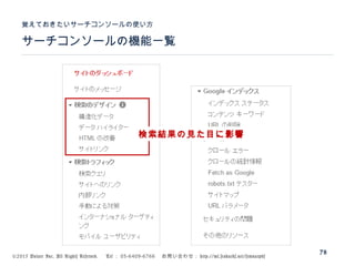 ©2015 Volare Inc. All Rights Reserved. 　 Tel ： 03-6409-6766 　お問い合わせ： http://ml.seohacks.net/semnarpdf
サーチコンソールの機能一覧
覚えておきたいサーチコンソールの使い方
78
検索結果の見た目に影響
 