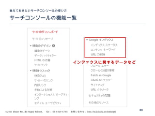 ©2015 Volare Inc. All Rights Reserved. 　 Tel ： 03-6409-6766 　お問い合わせ： http://ml.seohacks.net/semnarpdf
サーチコンソールの機能一覧
覚えておきたいサーチコンソールの使い方
80
インデックスに関するデータなど
 