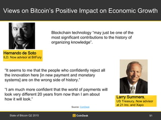 Views on Bitcoin’s Positive Impact on Economic Growth
91State of Bitcoin Q2 2015
Hernando de Soto
ILD. Now advisor at BitF...