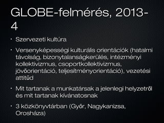 GLOBE-felmérés, 2013-GLOBE-felmérés, 2013-
44
•
Szervezeti kultúraSzervezeti kultúra
•
Versenyképességi kulturális orientá...