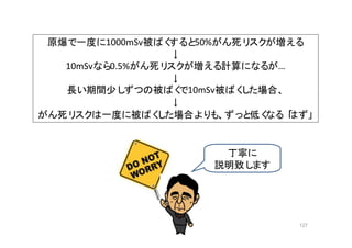 127
原爆で一度に1000mSv被ばくすると50%がん死リスクが増える
↓
10mSvなら0.5%がん死リスクが増える計算になるが…
↓
長い期間少しずつの被ばくで10mSv被ばくした場合、
↓
がん死リスクは一度に被ばくした場合よりも、ずっと低くなる「はず」
丁寧に
説明致します
 