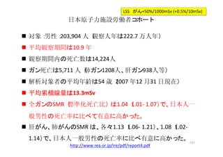 151
日本原子力施設労働者コホート
 対象：男性：203,904 人（観察人年は222.7 万人年）
 平均観察期間は10.9 年
 観察期間内の死亡数は14,224人
 ガン死亡は5,711 人（肺ガン1208人、肝ガン938人等）
 解析対象者の平均年齢は54 歳（2007 年12 月31 日現在）
 平均累積線量は13.3mSv
 全ガンのSMR（標準化死亡比）は1.04（1.01- 1.07）で、日本人一
般男性の死亡率に比べて有意に高かった。
 肝がん、肺がんのSMR は、各々1.13（1.06- 1.21）、1.08（1.02-
1.14）で、日本人一般男性の死亡率に比べ有意に高かった。
http://www.rea.or.jp/ire/pdf/report4.pdf
LSS　がん+50%/1000mSv (+0.5%/10mSv)
 