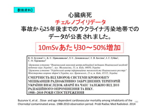 190
Buzunov V, et al. . Dose- and age-dependent cardiovascular mortality among inhabitants of the
Chornobyl contaminated areas. 1988-2010 observation period. Probl Radiac Med Radiobiol. 2014
心臓病死
チェルノブイリデータ
事故から25年後までのウクライナ汚染地帯での
データが公表されました。
10mSvあたり30～50%増加
【根拠資料】
 
