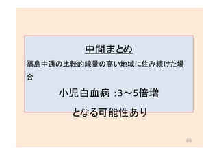 213
中間まとめ
福島中通の比較的線量の高い地域に住み続けた場
合
小児白血病：3～5倍増
となる可能性あり
 