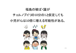 218
福島の被ばく量が
チェルノブイリの10分の1と仮定しても
小児がんは10倍に増える可能性がある。
 