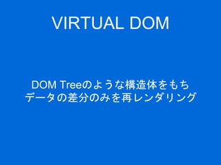VIRTUAL DOM
DOM Treeのような構造体をもち
データの差分のみを再レンダリング
 