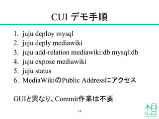 CUI デモ手順
1. juju deploy mysql
2. juju deply mediawiki
3. juju add-relation mediawiki:db mysql:db
4. juju expose mediawiki
5. juju status
6. MediaWikiのPublic Addressにアクセス
GUIと異なり、Commit作業は不要
14
 