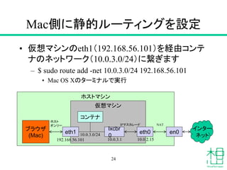 Mac側に静的ルーティングを設定
• 仮想マシンのeth1（192.168.56.101）を経由コンテ
ナのネットワーク（10.0.3.0/24）に繋ぎます
– $ sudo route add -net 10.0.3.0/24 192.168.56.101
• Mac OS Xのターミナルで実行
24
ホストマシン
仮想マシン
eth1 eth0
192.168.56.101
en0
ブラウザ
(Mac)
コンテナ
10.0.3.0/24
ホスト
オンリー NAT
lxcbr
0
10.0.3.1 10.0.2.15
IPマスカレード
インター
ネット
 