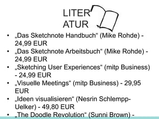 • „Das Sketchnote Handbuch“ (Mike Rohde) -
24,99 EUR
• „Das Sketchnote Arbeitsbuch“ (Mike Rohde) -
24,99 EUR
• „Sketching User Experiences“ (mitp Business)
- 24,99 EUR
• „Visuelle Meetings“ (mitp Business) - 29,95
EUR
• „Ideen visualisieren“ (Nesrin Schlempp-
Uelker) - 49,80 EUR
• „The Doodle Revolution“ (Sunni Brown) -
LITER
ATUR
 