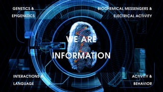 WE ARE
INFORMATION
GENETICS &
EPIGENETICS
BIOCHEMICAL MESSENGERS & 
ELECTRICAL ACTIVITY
INTERACTIONS &
LANGUAGE
ACTIVITY & 
BEHAVIOR
 
