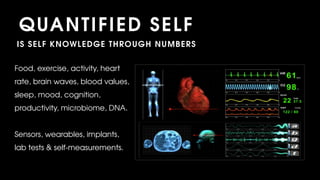 Food, exercise, activity, heart
rate, brain waves, blood values,
sleep, mood, cognition,
productivity, microbiome, DNA.
Sensors, wearables, implants,
lab tests & self-measurements.
QUANTIFIED SELF
IS SELF KNOWLEDGE THROUGH NUMBERS
 