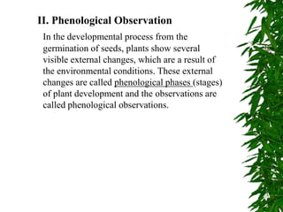 II. Phenological Observation
In the developmental process from the
germination of seeds, plants show several
visible external changes, which are a result of
the environmental conditions. These external
changes are called phenological phases (stages)
of plant development and the observations are
called phenological observations.
 