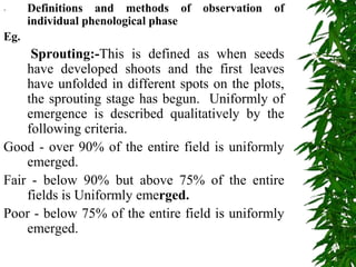 - Definitions and methods of observation of
individual phenological phase
Eg.
Sprouting:-This is defined as when seeds
have developed shoots and the first leaves
have unfolded in different spots on the plots,
the sprouting stage has begun. Uniformly of
emergence is described qualitatively by the
following criteria.
Good - over 90% of the entire field is uniformly
emerged.
Fair - below 90% but above 75% of the entire
fields is Uniformly emerged.
Poor - below 75% of the entire field is uniformly
emerged.
 