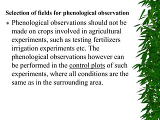 Selection of fields for phenological observation
 Phenological observations should not be
made on crops involved in agricultural
experiments, such as testing fertilizers
irrigation experiments etc. The
phenological observations however can
be performed in the control plots of such
experiments, where all conditions are the
same as in the surrounding area.
 